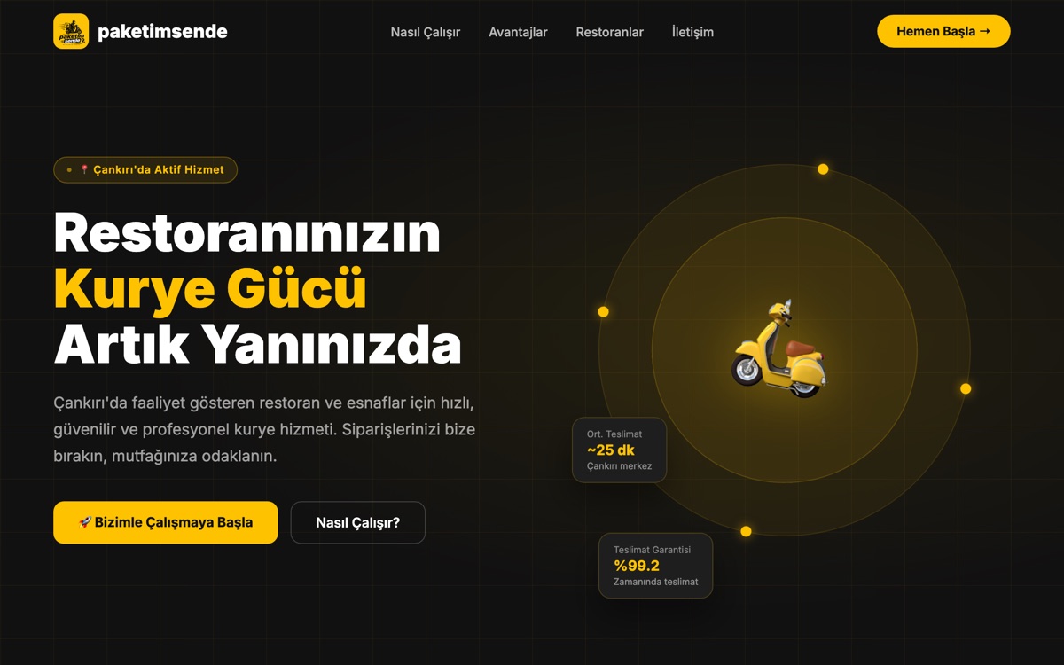 Paketim Sende sitesinin giriş ekranı: koyu zemin üzerinde sarı bir motokurye görseli.